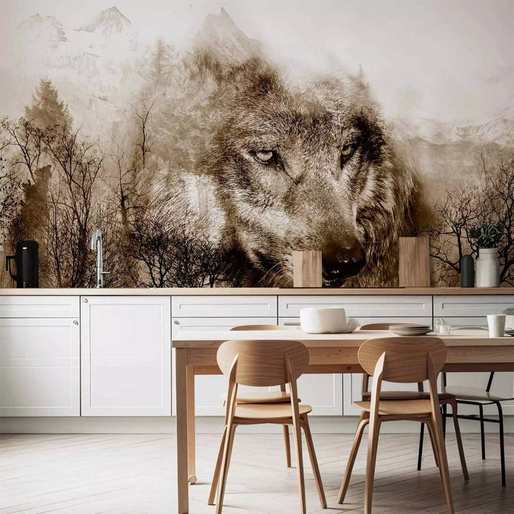 Fototapetes - vientuļš vilks uz meža fona sēpijas krāsā G-ART