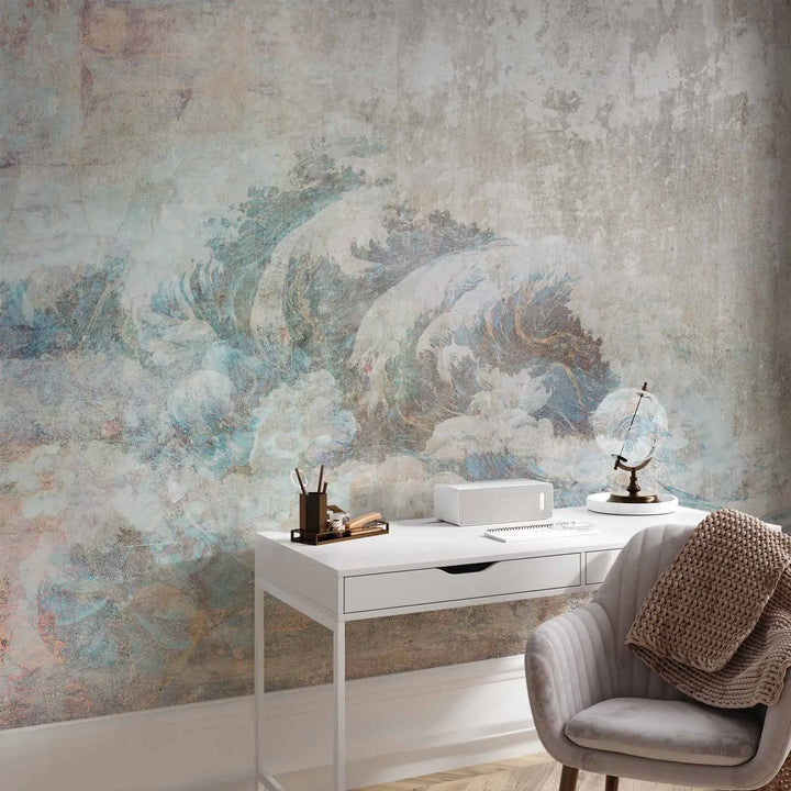 Artistic photo wallpaper with an aged, weathered gray and beige plaster texture in the living room