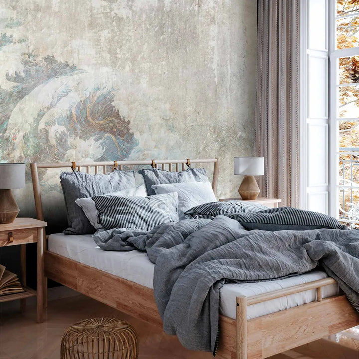 Artistic photo wallpaper with an aged, weathered gray and beige plaster texture in the bedroom