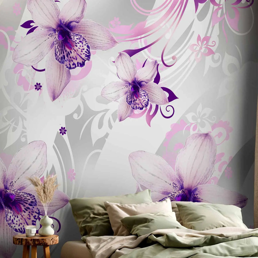 Fototapetes - Purpura toņos ziedi uz fona ar iztēlotiem elementiem G-ART