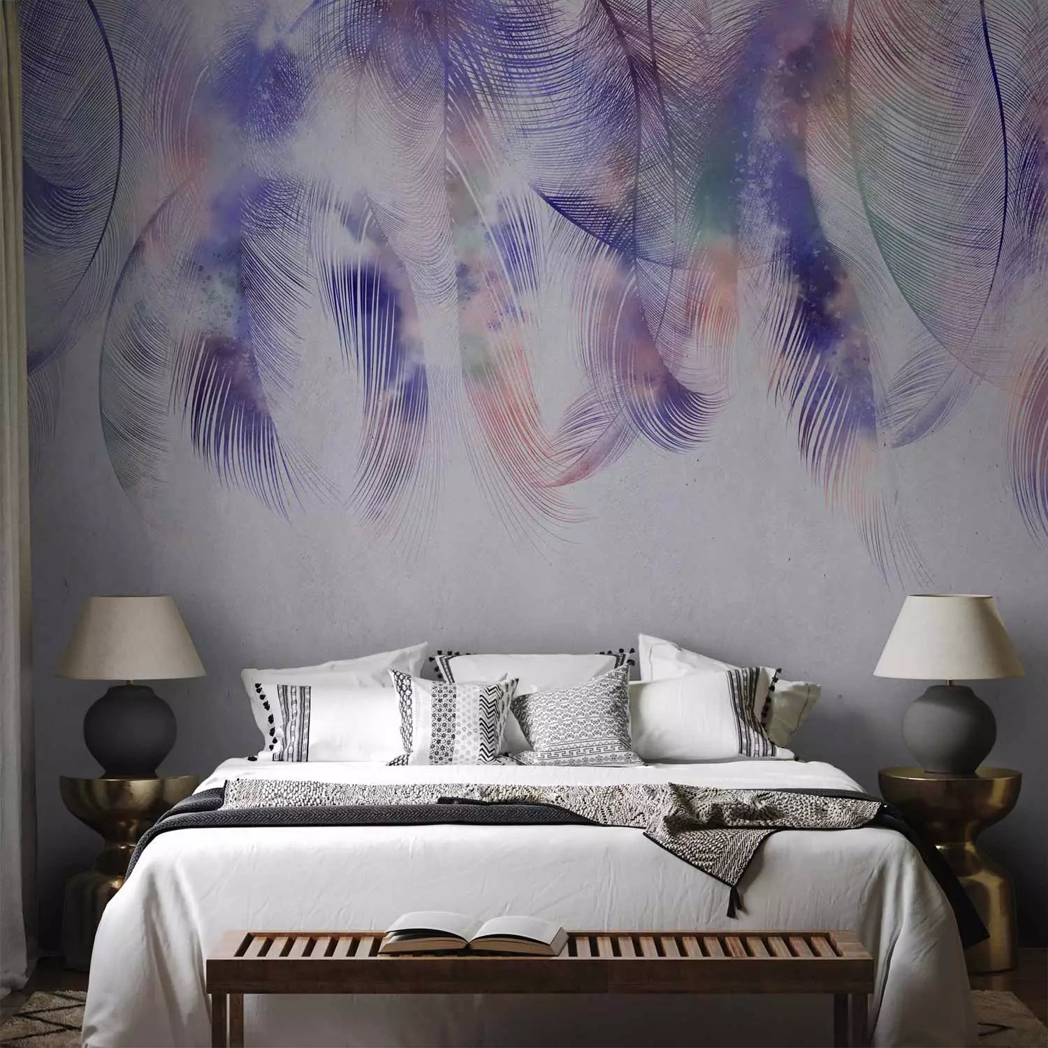 Fototapetes - violetas putnu spalvas ar pelēku teksturētu rakstu fonā G-ART