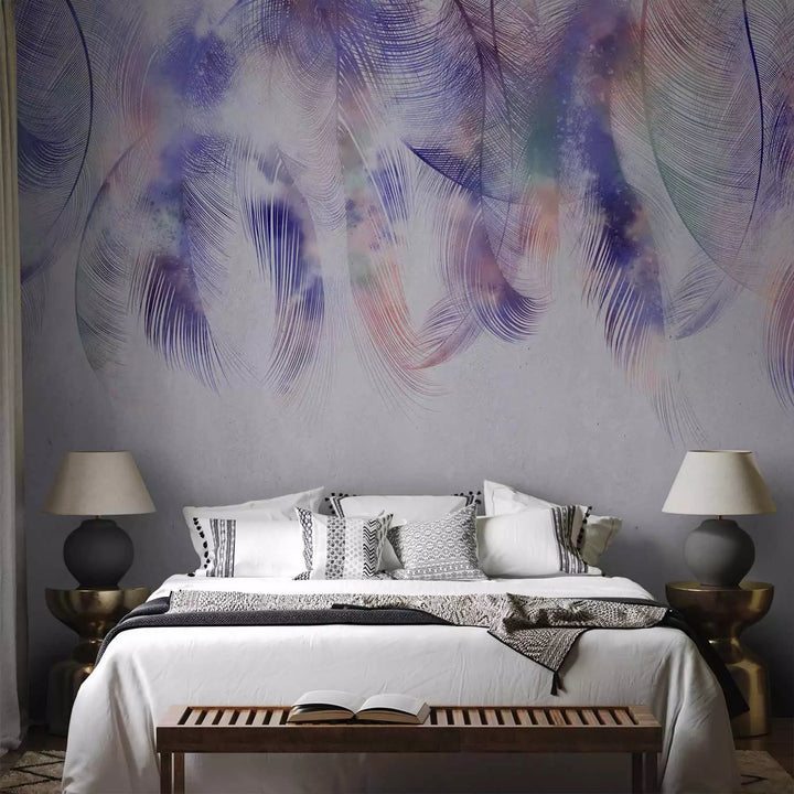 Fototapetes - violetas putnu spalvas ar pelēku teksturētu rakstu fonā G-ART