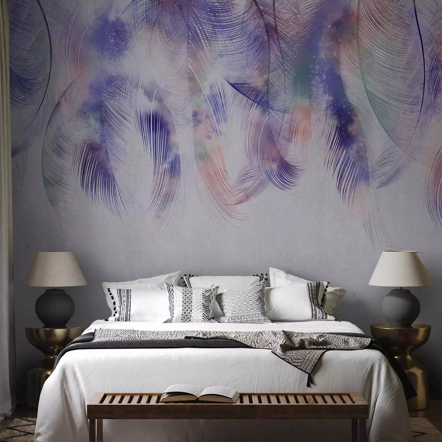 Fototapetes - violetas putnu spalvas ar pelēku teksturētu rakstu fonā G-ART