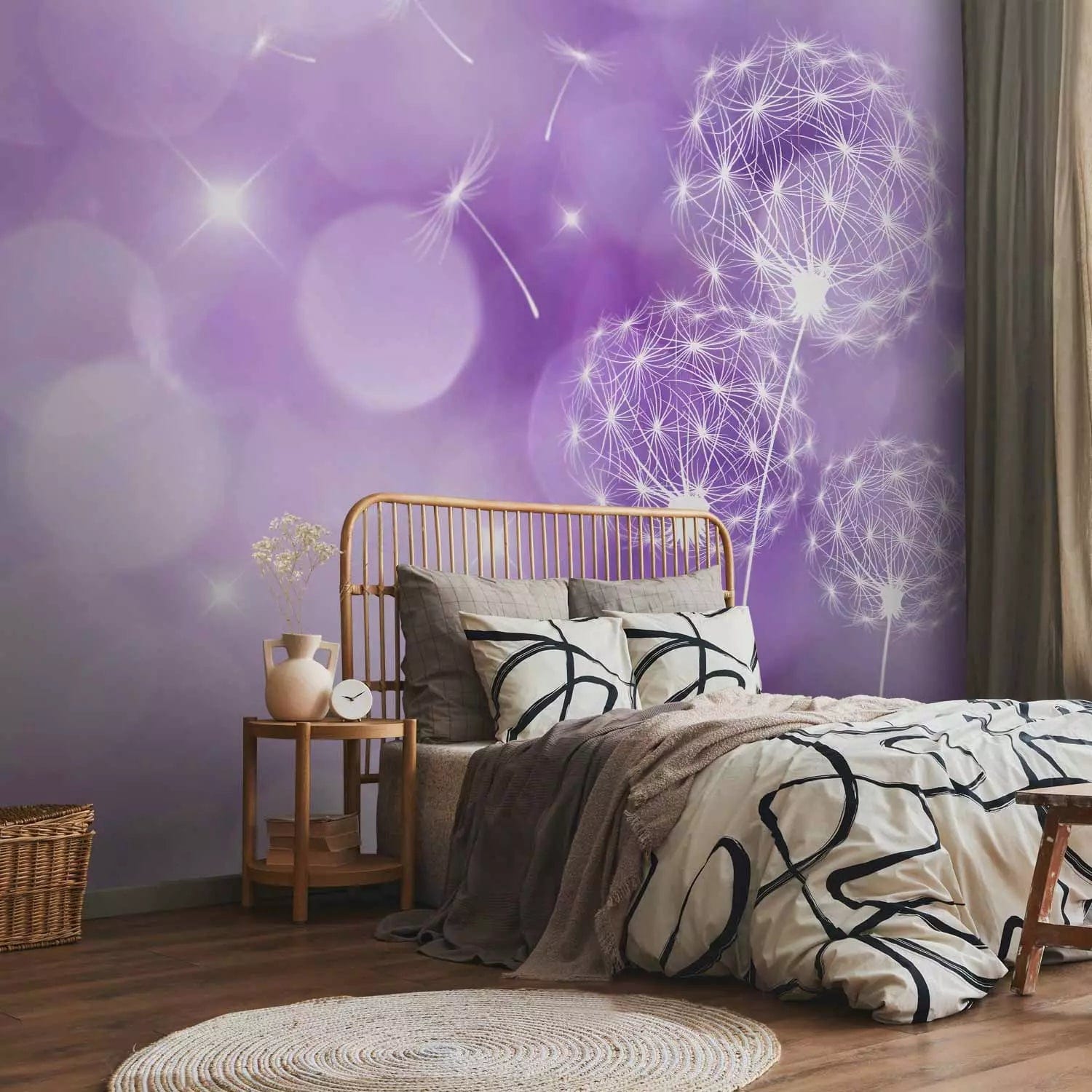 Fototapetes - ziedi vējā - Pienenes kontūras uz violetā fona - pasūtīt G-ART