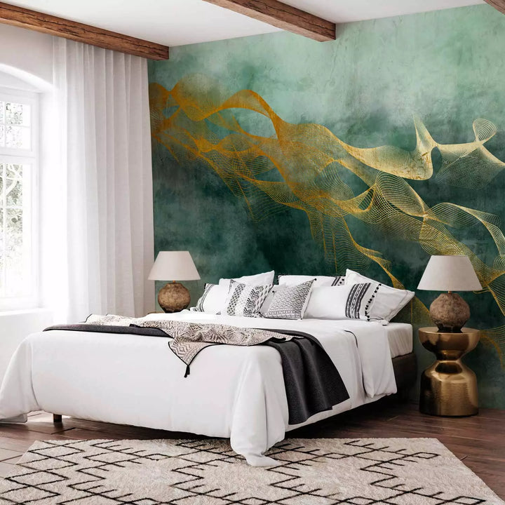 Fototapetes - zaļā akvareļa stila abstrakcija ar zelta rakstu - 138202 G-ART