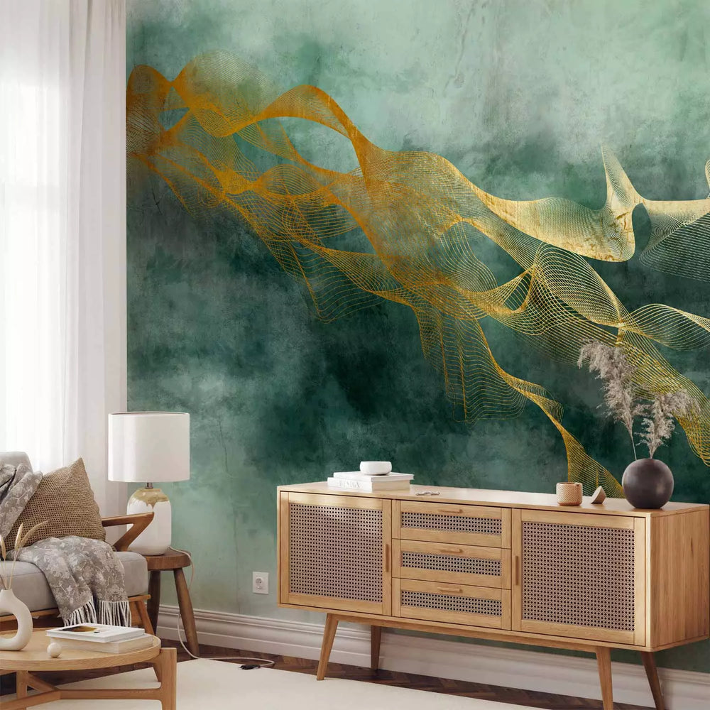 Fototapetes - zaļā akvareļa stila abstrakcija ar zelta rakstu - 138202 G-ART