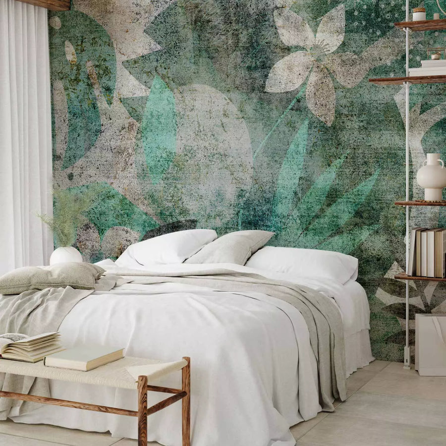 Fototapetes  - zaļas lapas un ziedi zaļa krāsā vintāžas stilā - 136092 G-ART