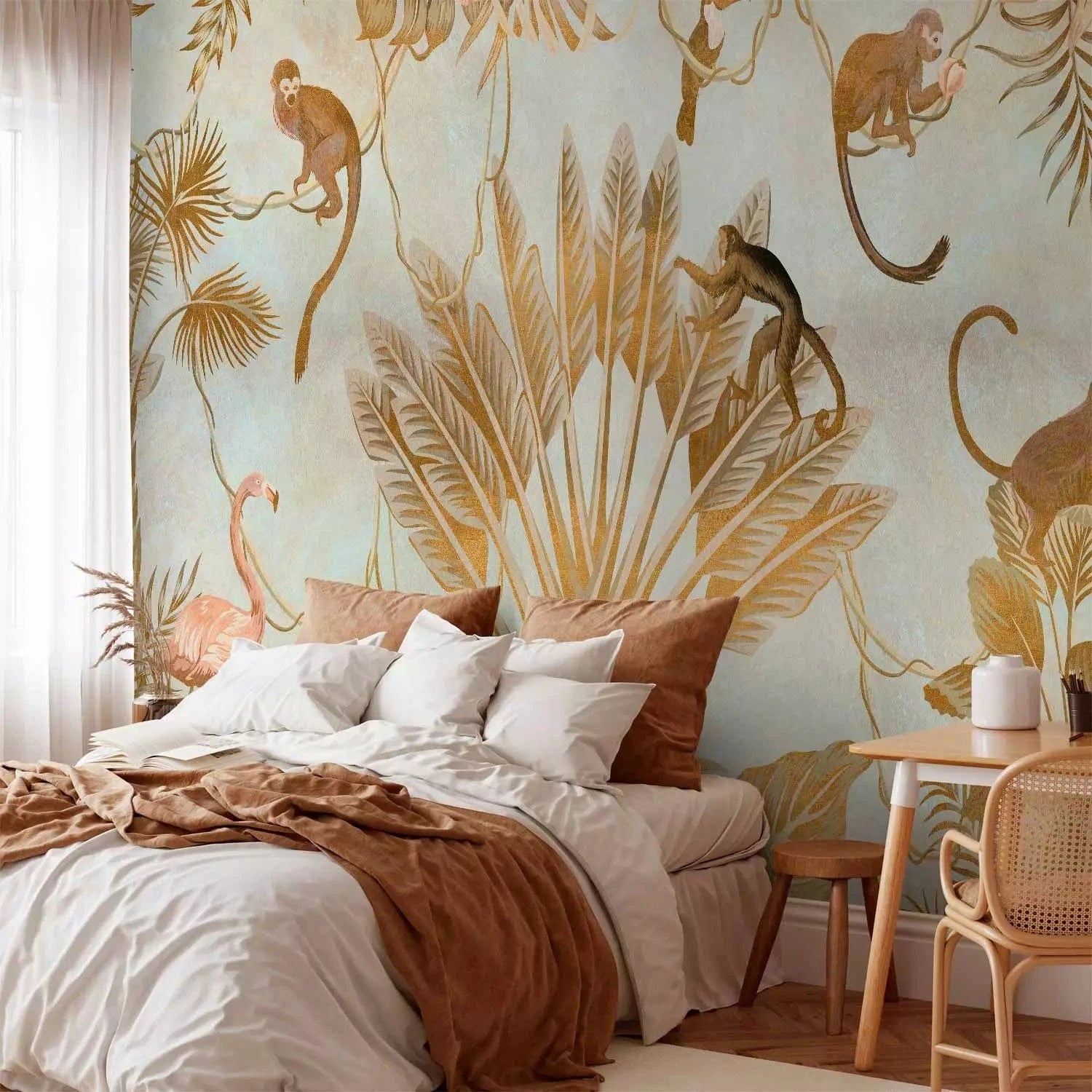 Fototapetes - Zelta džungļi – eksotiskie dzīvnieki un augi G-ART