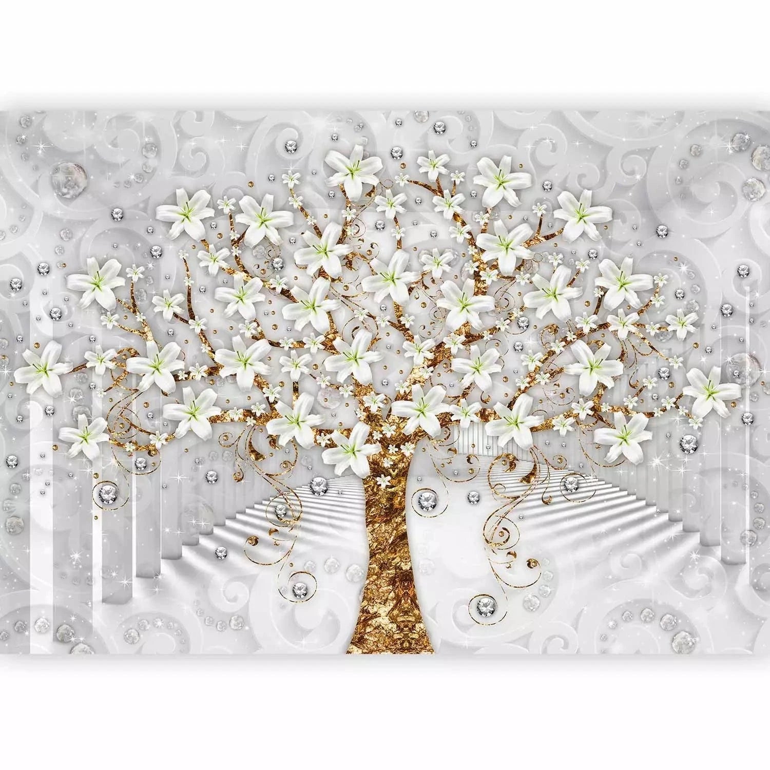 Fototapetes - zelta koks ar ziediem Klimta stilā uz pelēka fona  G-ART