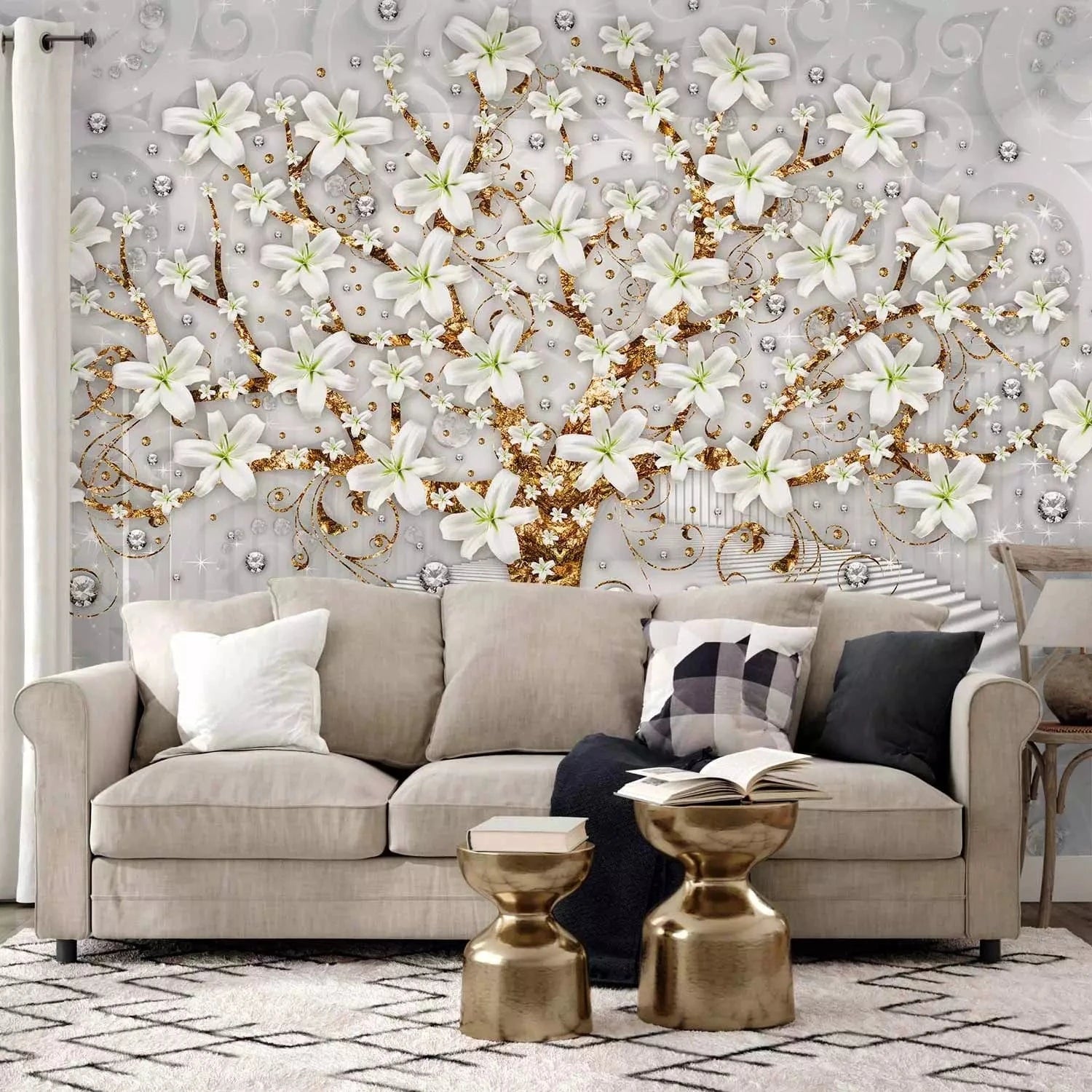 Fototapetes - zelta koks ar ziediem Klimta stilā uz pelēka fona  G-ART