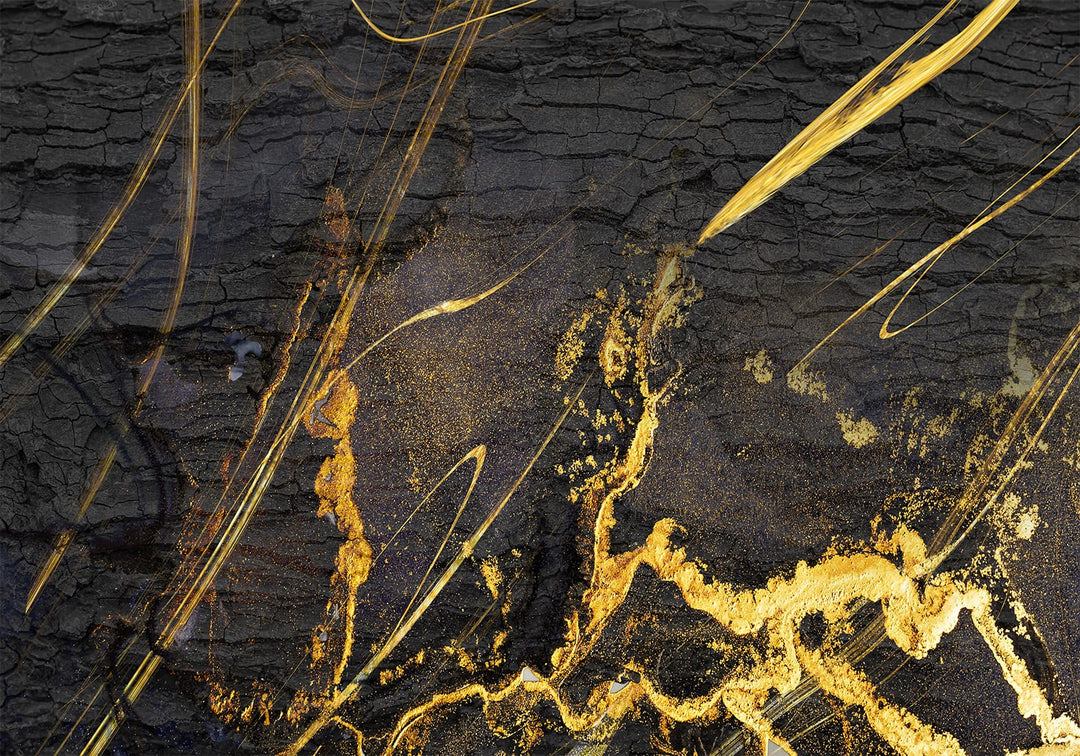 Abstraktne fototapeet musta söe tekstuuriga ja kuldsetega elementidega Tapetenshop.lv