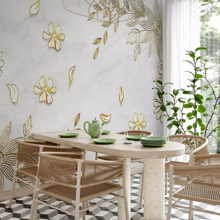 Fototapetes - Zelta ziedu ornaments uz alabastra fona, 138288 G-ART