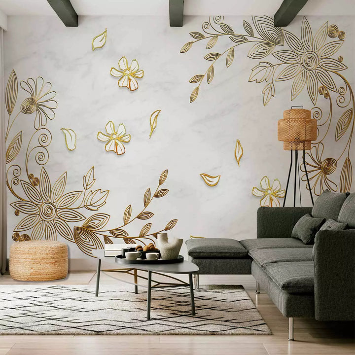 Fototapetes - Zelta ziedu ornaments uz alabastra fona, 138288 G-ART