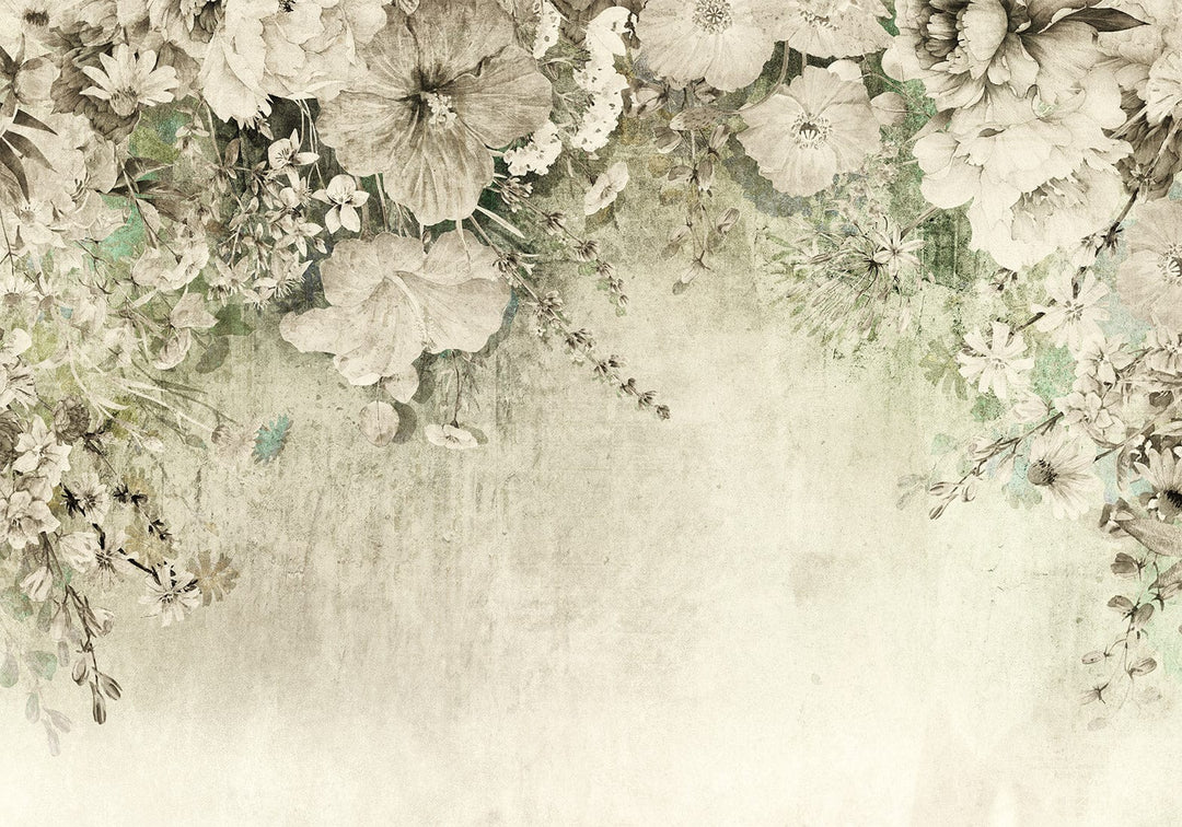 Fototapetes - Ziedēšana – dažādi ziedu veidi uz sienas | zaļā krāsā G-ART