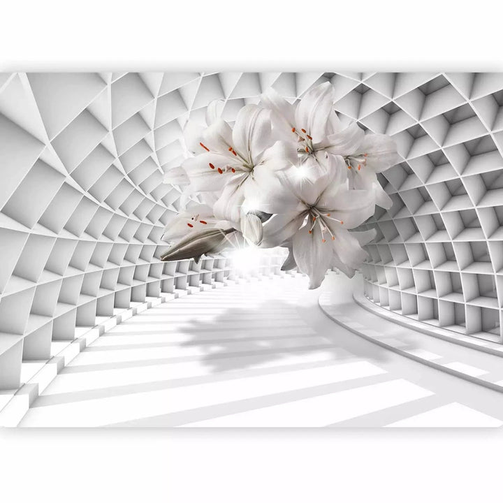 Fototapetes ar lilijām 3D tunelī - gaiši pelēkā krāsā G-ART