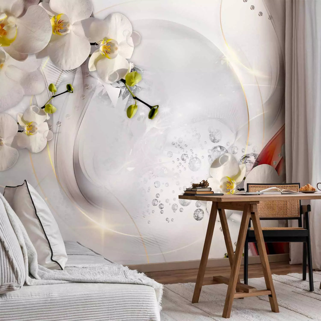 Fototapetes - orhideju kompozīcija uz balta fona ar viļņiem - 132223 G-ART