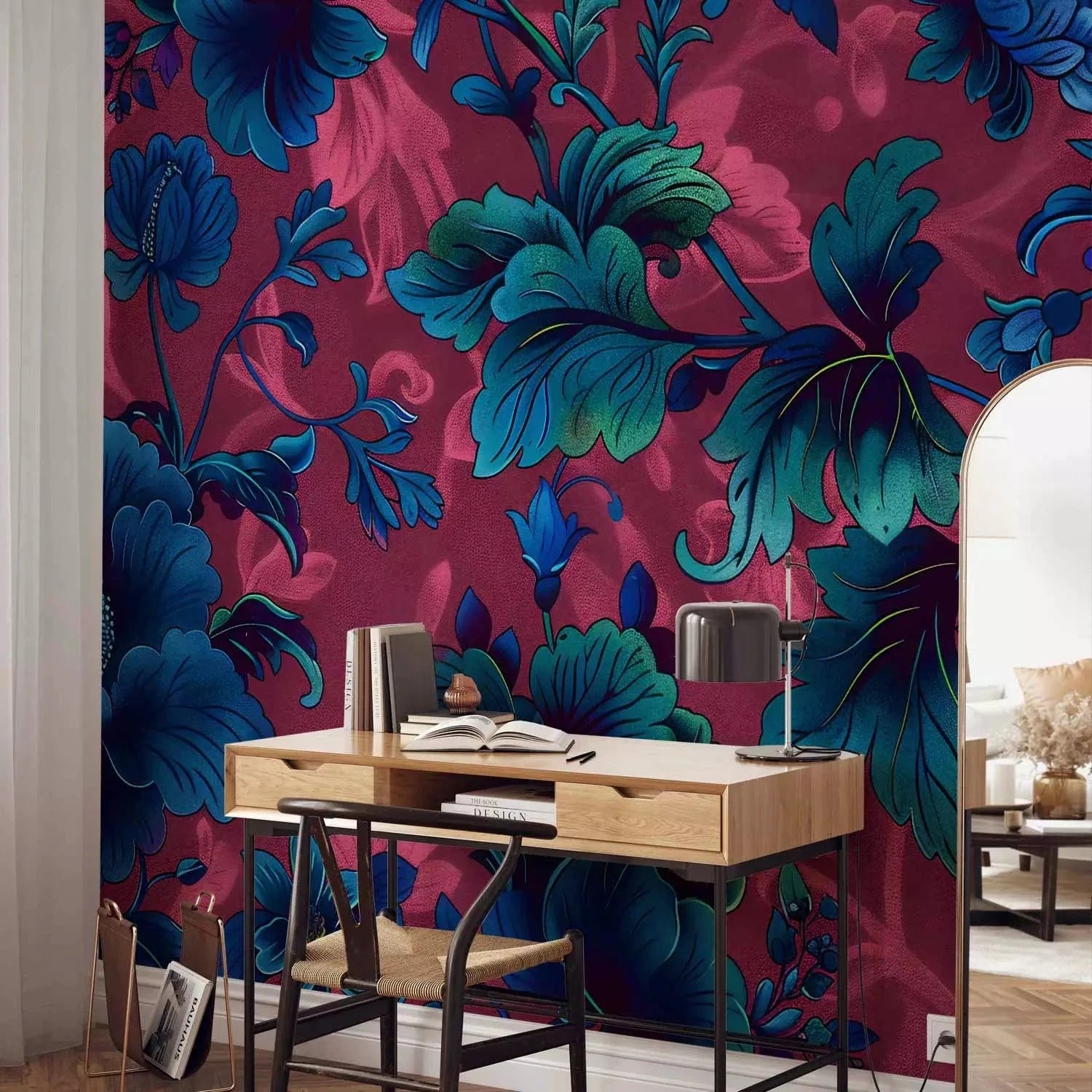 Fototapetes - Zilas puķes - eleganti ziedu motīvi uz bordo fona, košas G-ART