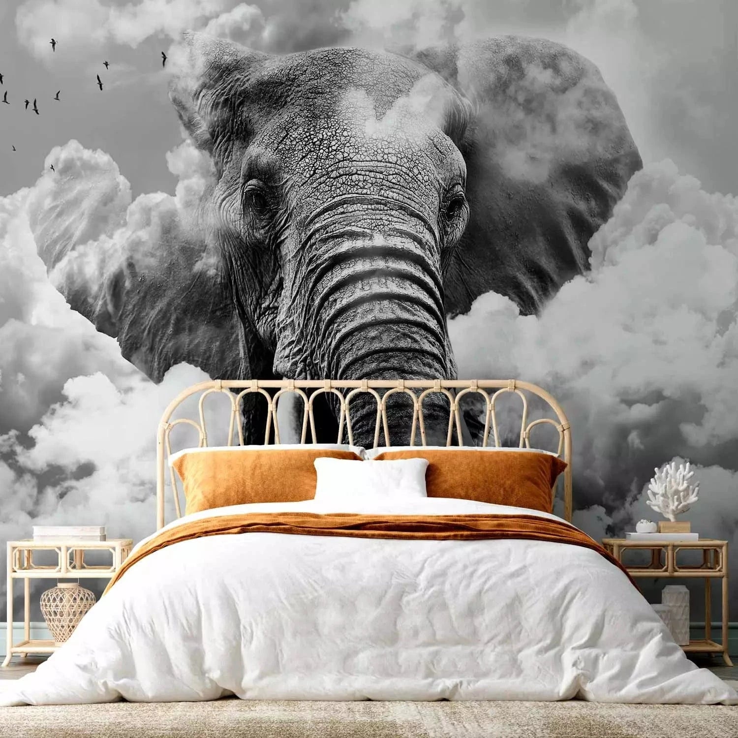 Fototapetes - Āfrikas zilonis debesīs starp mākoņiem ar putniem G-ART