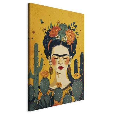 Frida ar kaktusiem - mākslinieces portrets uz oranža fona, 152211, XXL izmērs Tapetenshop.lv