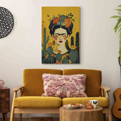 Frida ar kaktusiem - mākslinieces portrets uz oranža fona, 152211, XXL izmērs G-ART