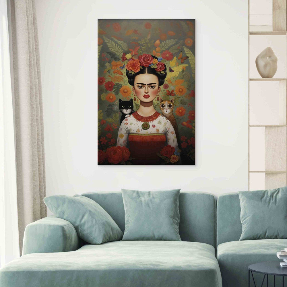 Frida Kahlo - Krāsains mākslinieces portrets ar diviem kaķiem, 152236, liels izmērs G-ART
