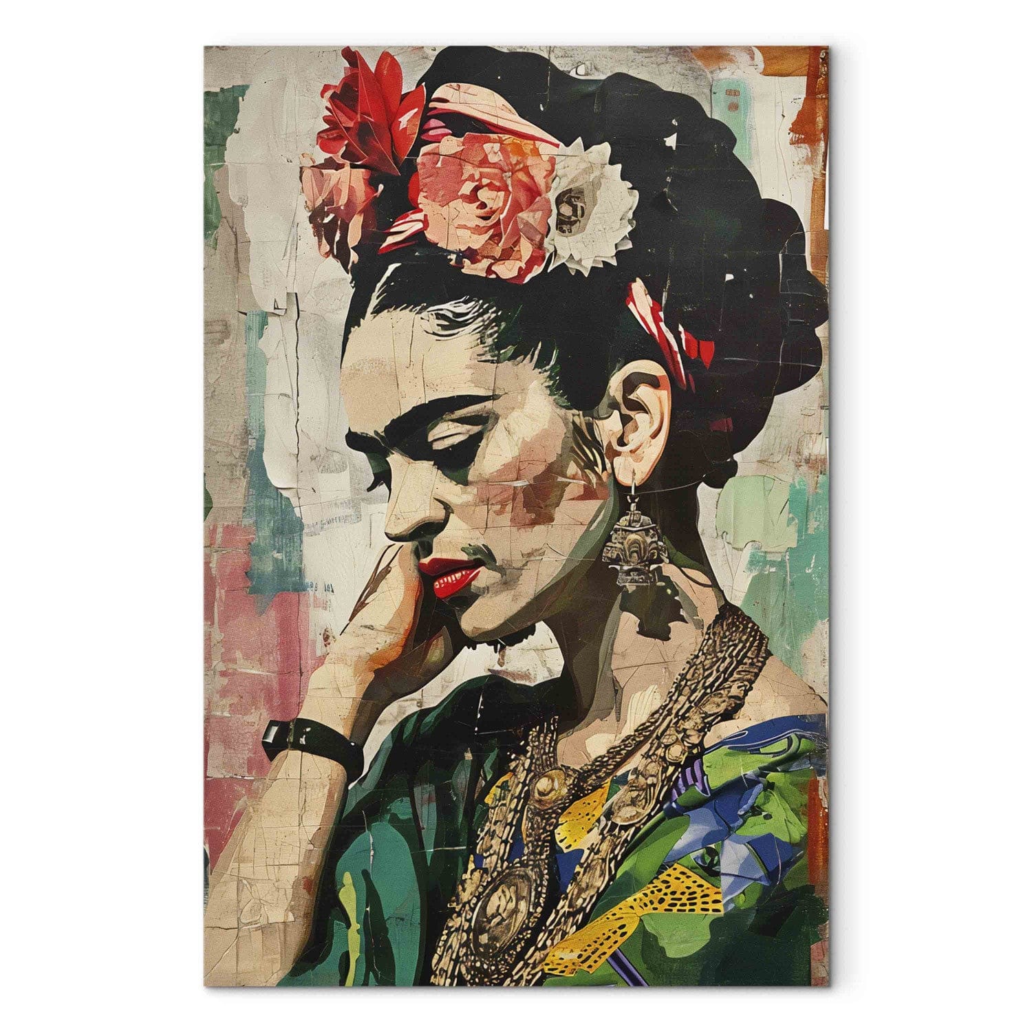 Frida Kahlo - krāsains sievietes portrets uz saplaisājušas sienas, 152218, lielformāta G-ART