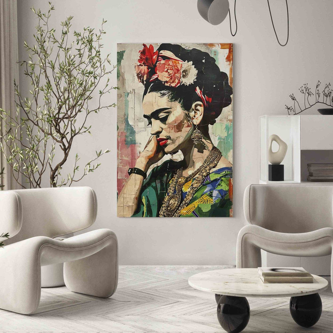 Frida Kahlo - krāsains sievietes portrets uz saplaisājušas sienas, 152218, lielformāta G-ART