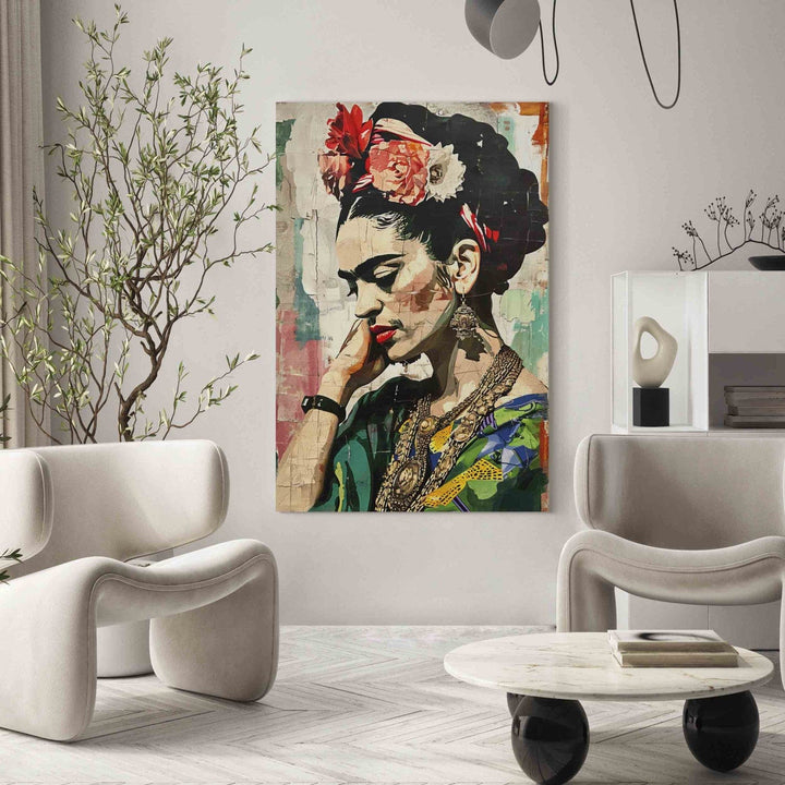 Frida Kahlo - krāsains sievietes portrets uz saplaisājušas sienas, 152218, lielformāta G-ART