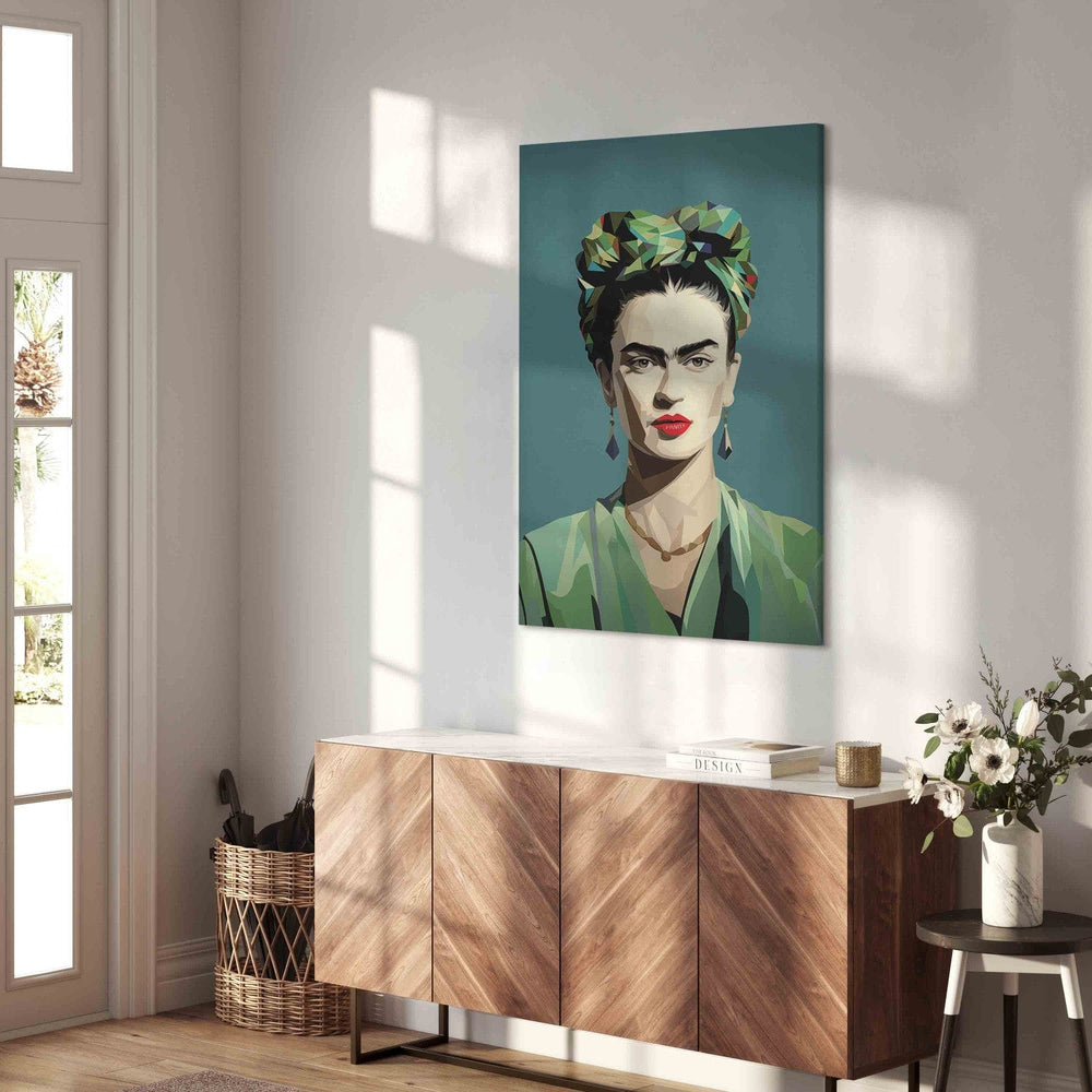 Frida Kahlo - Minimālistisks un ģeometrisks portrets uz zaļa fona, 152222, liels izmērs G-ART