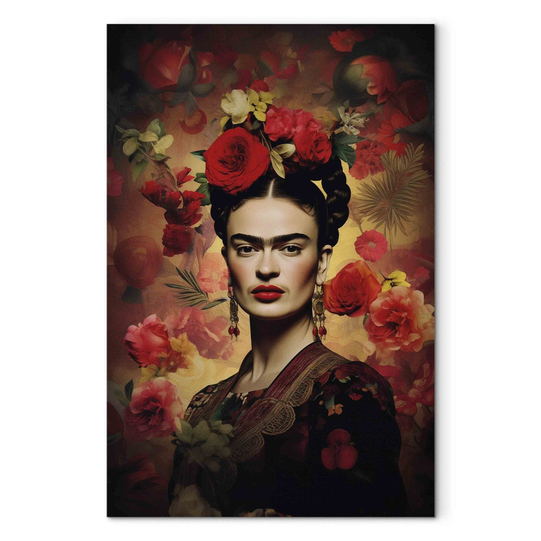 Frida Kahlo - Portrets ar rozēm un lapām uz tumši brūna fona, 152236, liels izmērs G-ART