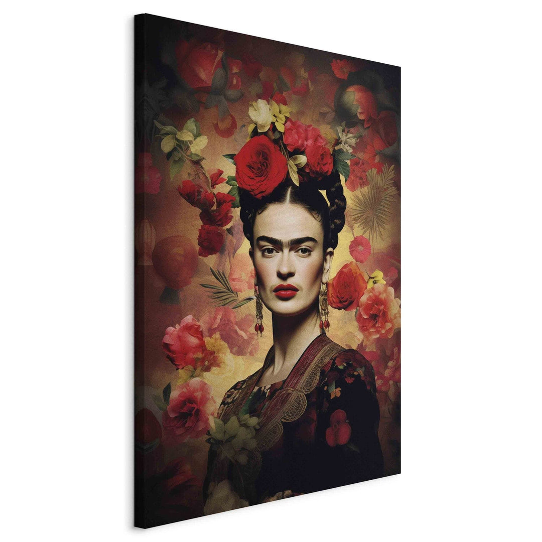 Frida Kahlo - Portrets ar rozēm un lapām uz tumši brūna fona, 152236, liels izmērs G-ART