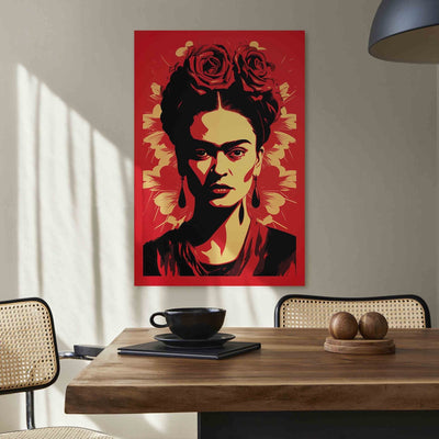 Frida Kahlo - Portrets ar rozēm uz galvas uz sarkana fona, 152227, XXL izmērs Tapetenshop.lv