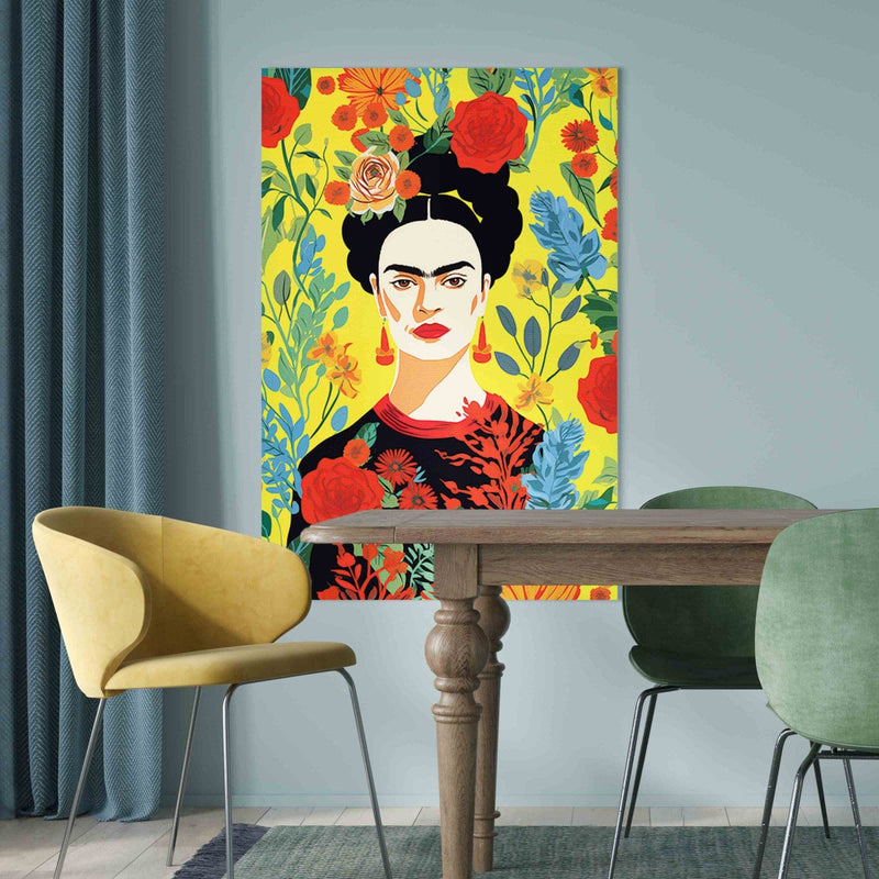 Frida Kahlo – portretas geltoname gėlių fone, XXL dydis, 152224 G-ART