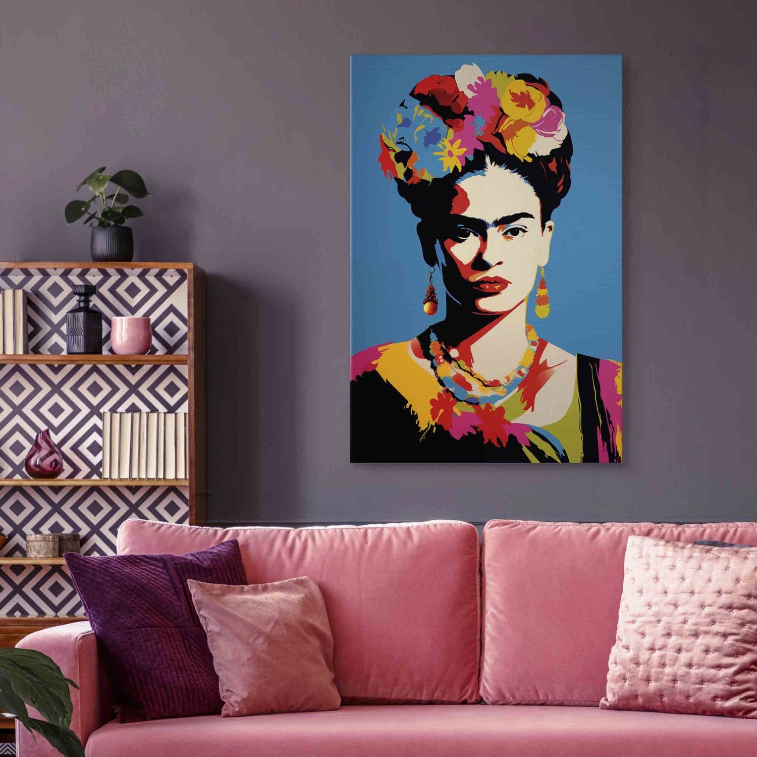 Frida Kahlo - sievietes portrets popārta stilā uz zila fona, 152234, liels izmērs G-ART
