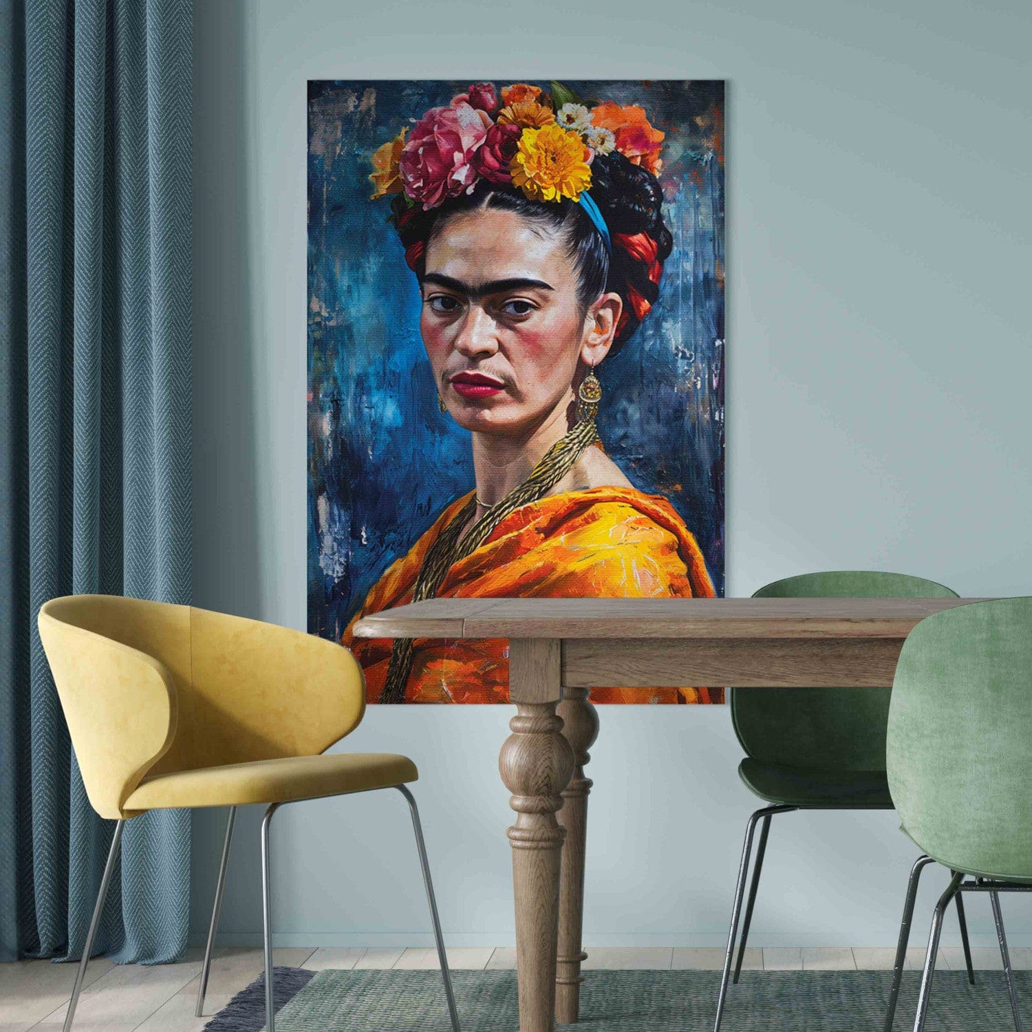 Frida Kalo - glezniecisks mākslinieces portrets uz tumši zila fona, 152223, lielformāta G-ART