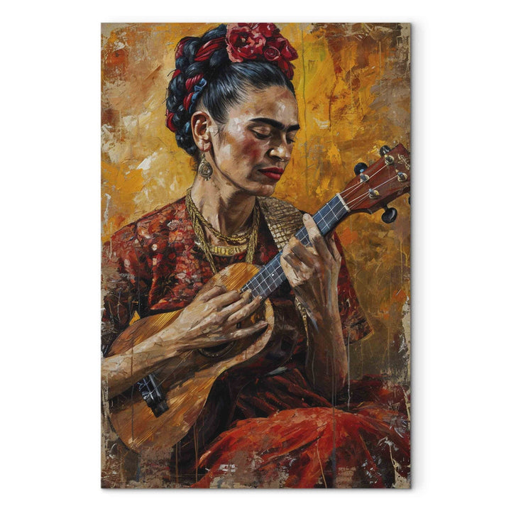 Frida Kalo - Sievietes portrets, kas spēlē uz ukuleles brūnos toņos, 152208, lielformāta G-ART