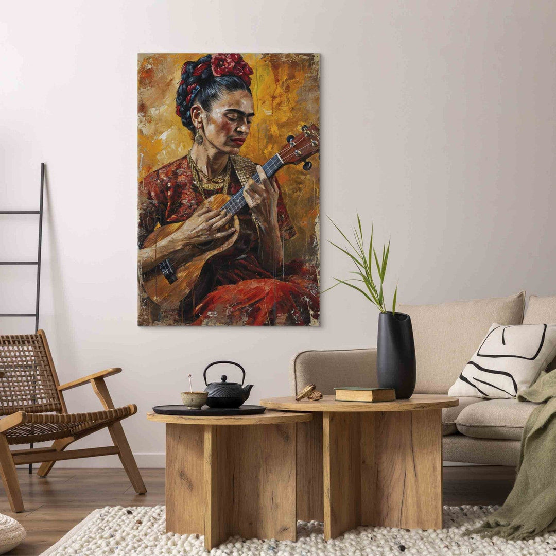 Frida Kalo - Sievietes portrets, kas spēlē uz ukuleles brūnos toņos, 152208, lielformāta G-ART