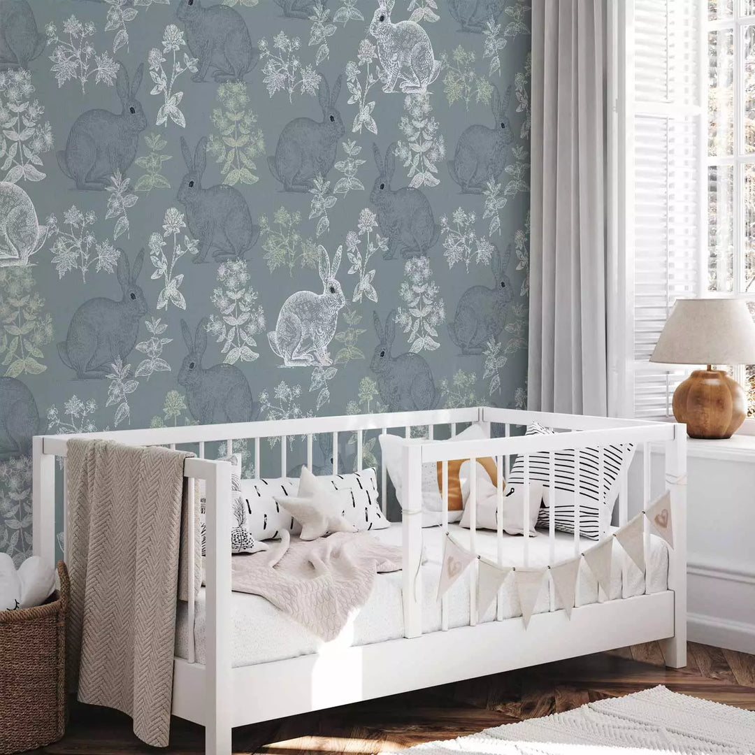 Fototapeet - Hallid ja valged jänkud lillelisel taustal, 149216