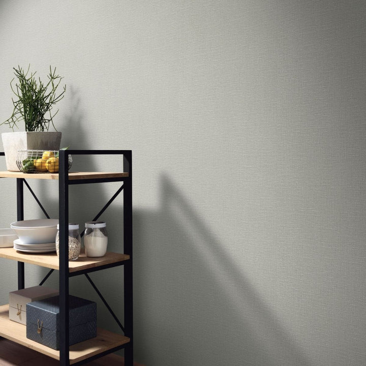 Light grey-green Erismann non-woven wallpaper with a structured fabric texture, 3773464