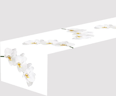 Galda celiņš ar baltām orhidejām uz balta fona - Sniegbalts skaistums Digital Textile