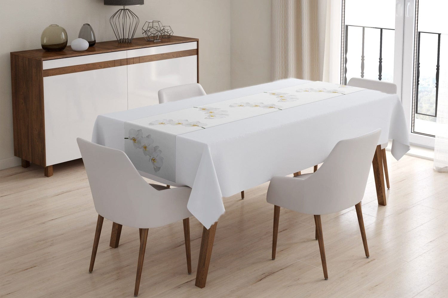 Galda celiņš ar baltām orhidejām uz balta fona: Sniegbalts skaistums  Digital Textile