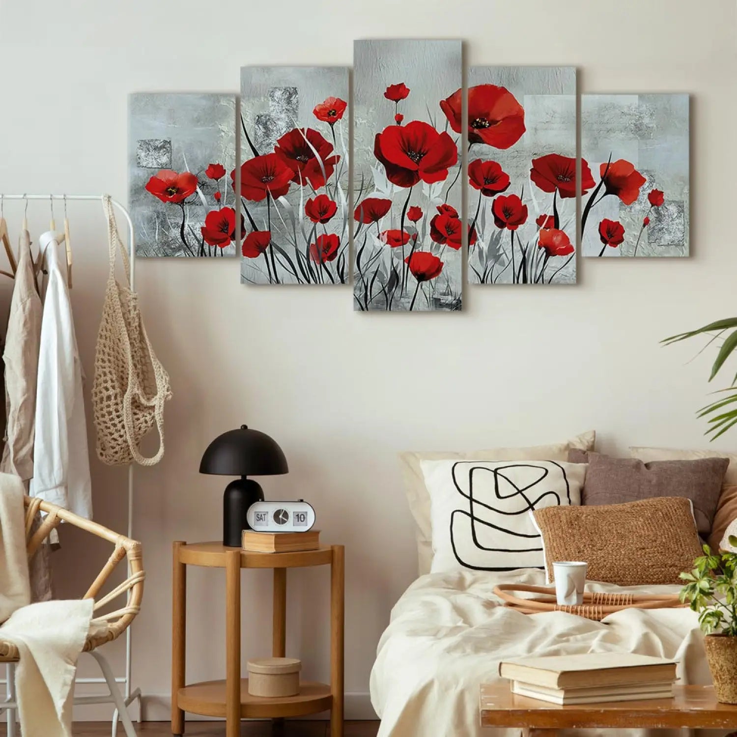 Glezna ar magonēm - glezna no 5 daļām, sarkana un peleka krāsā ART XL