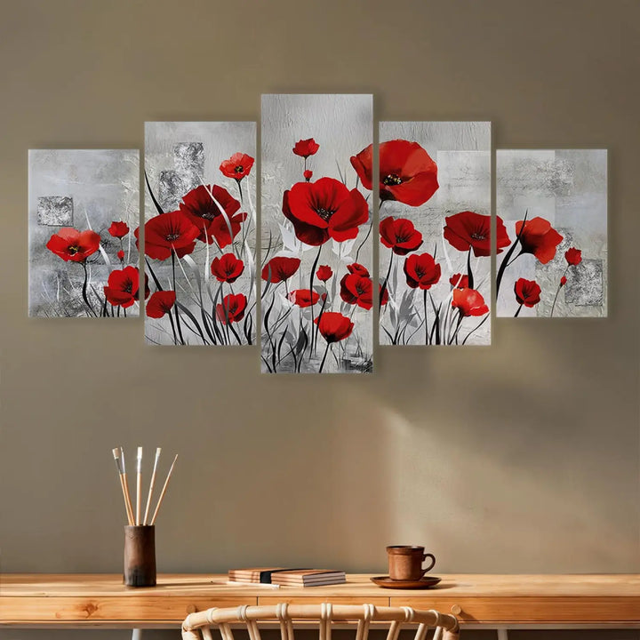 Glezna ar magonēm - glezna no 5 daļām, sarkana un peleka krāsā ART XL