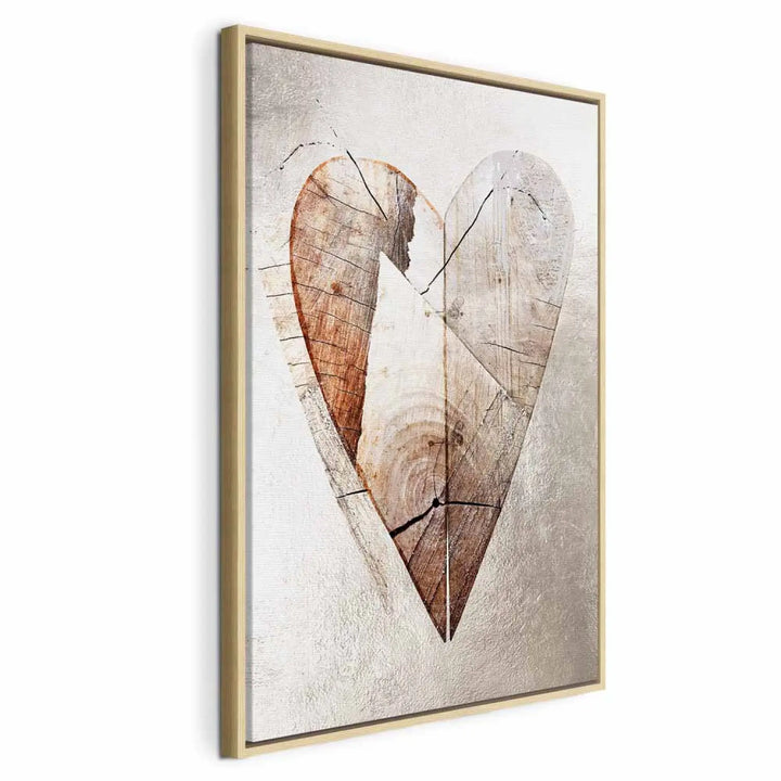 Framed painting Wooden Heart in a natural wood frame with a surface texture magnification 