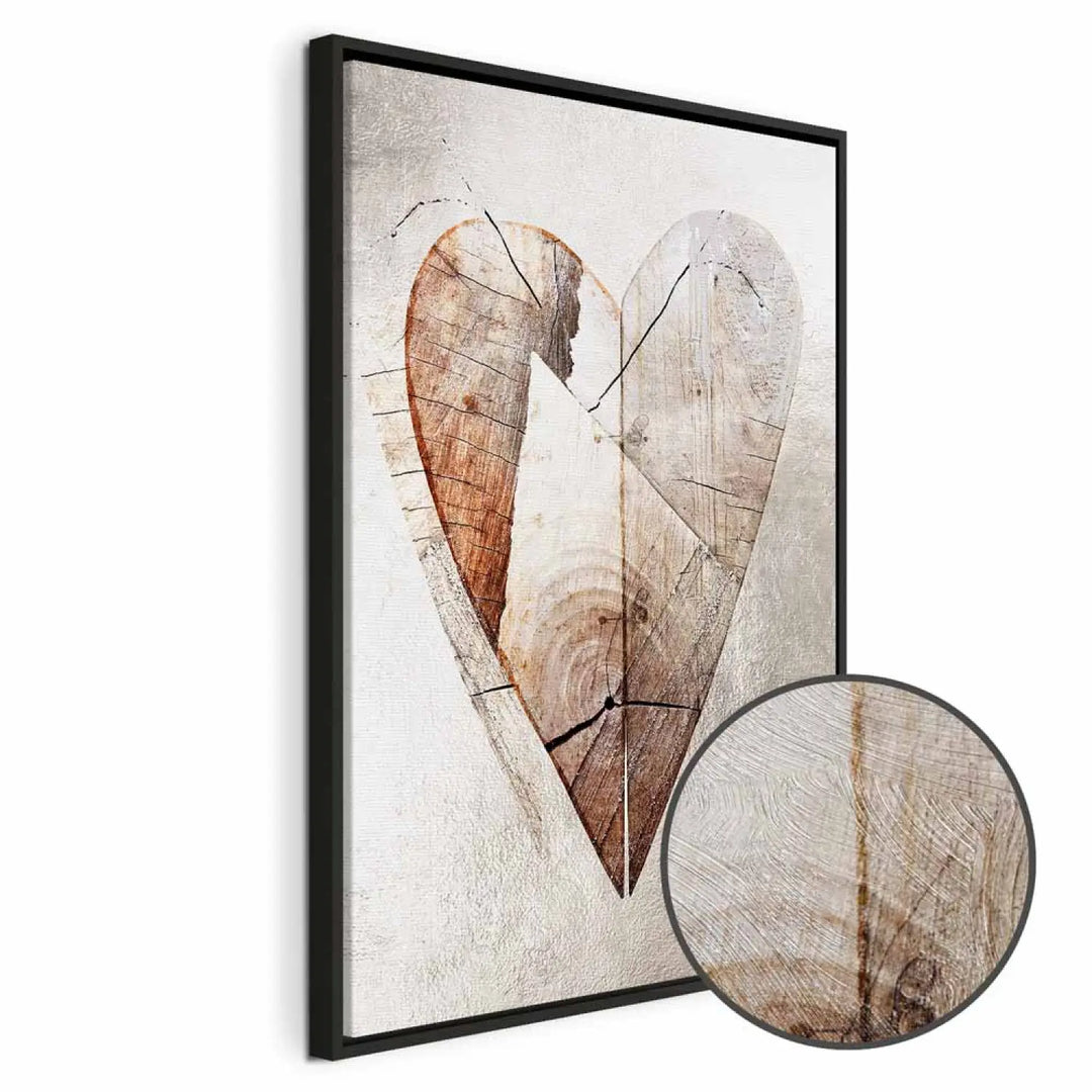 Framed painting Love for Nature in a black frame with a wood texture and stroke close-up 