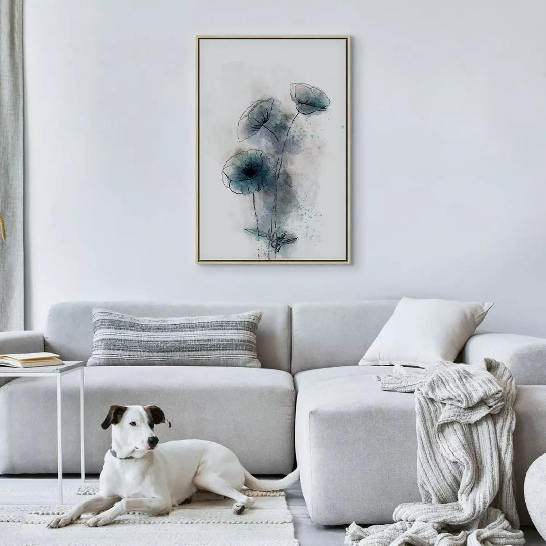 Glezna koka rāmī (dabīgā krāsā) - abstraktas zilas magones ART XL