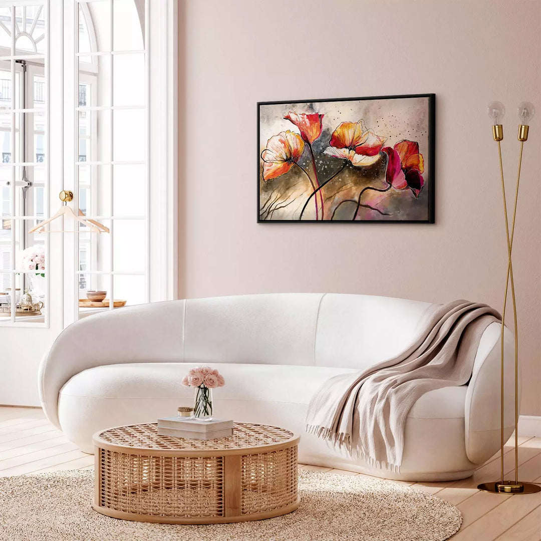 Glezna melnā koka rāmī - Maģiskas magones, oranža, beša un pelēka ART XL