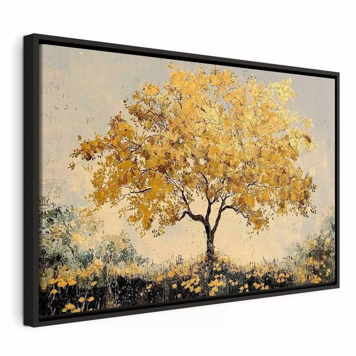 Glezna melnā koka rāmī - Zelta lapas - rudens koks zeltā krāsā G ART