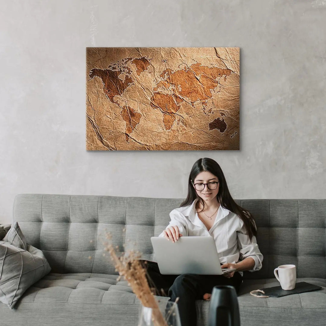 Glezna – pasaules karte uz brūna papīra, vintāžas stils ART XL