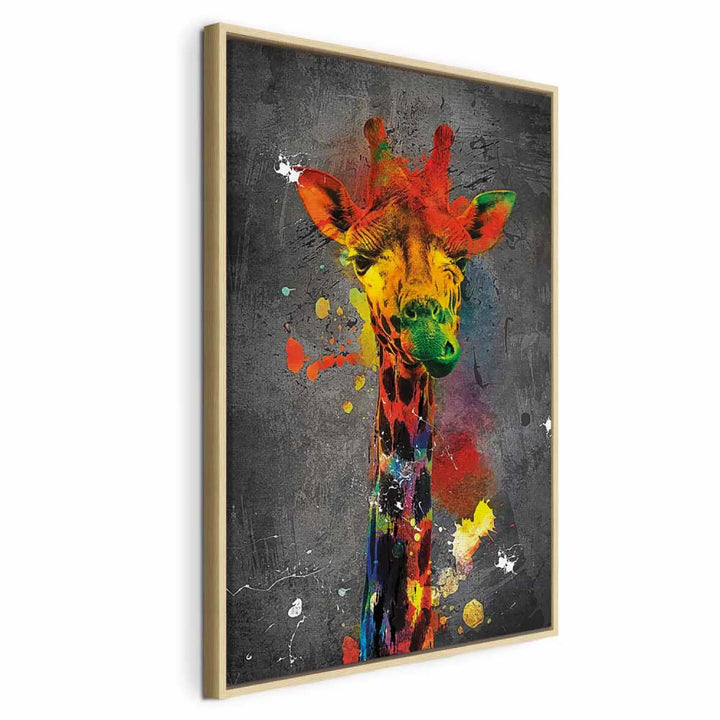 Framed painting with a colorful giraffe in a natural wood frame on a dark gray background 